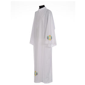 White alb with front pleats and embroidered chalice, grapes and wheat in cotton mix