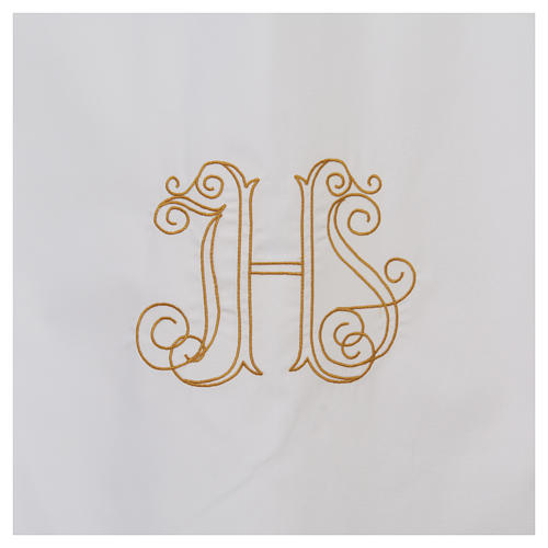 White alb with pleats and embroidered IHS symbol in cotton mix 4
