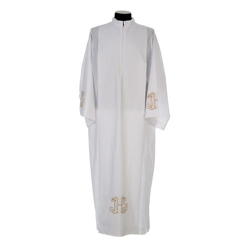 Clerical alb with pleats and embroidered IHS symbol in cotton mix 1