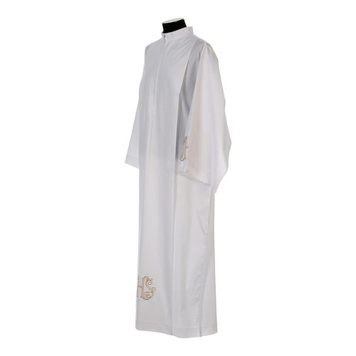 Clerical alb with pleats and embroidered IHS symbol in cotton mix 2