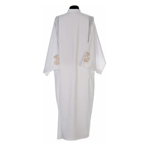 Clerical alb with pleats and embroidered IHS symbol in cotton mix 3