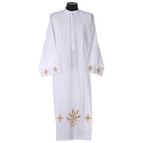 White alb, 100% polyester with ears of wheat and crosses, zip on the front and 4 folds