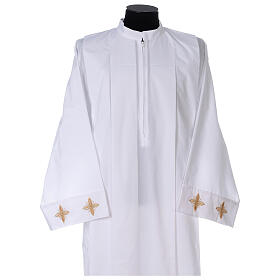 White alb, 100% polyester with ears of wheat and crosses, zip on the front and 4 folds