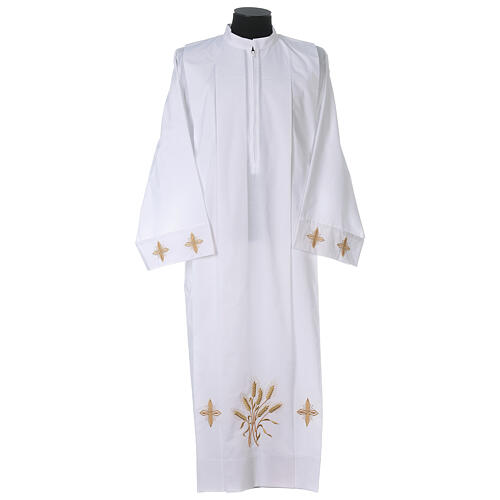 Clerical alb with ears of wheat and crosses, 100% polyester, zip on the front and 4 folds 1