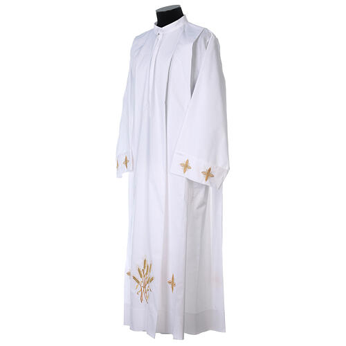 Clerical alb with ears of wheat and crosses, 100% polyester, zip on the front and 4 folds 5