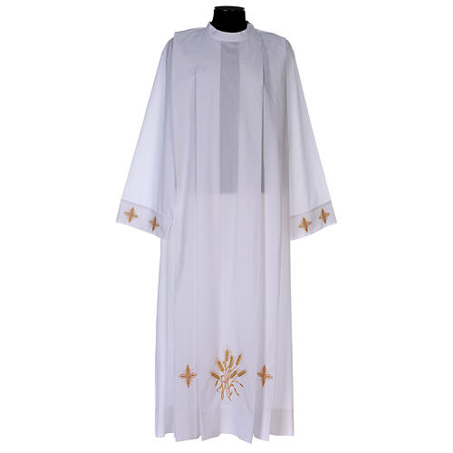 White alb, 100% polyester with ears of wheat and crosses, zip on the shoulder and 4 folds 1