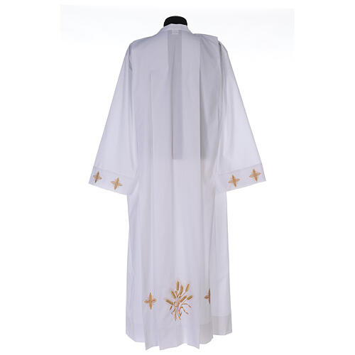 White alb, 100% polyester with ears of wheat and crosses, zip on the shoulder and 4 folds 5