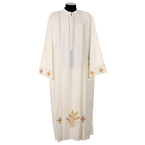 Alb in ivory colour 100% polyester with ears of wheat ,crosses, zip on shoulder and 4 folds 1