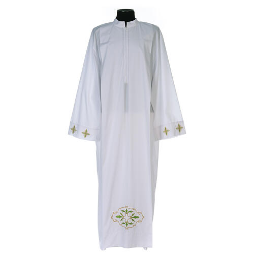 White alb 100% polyester with stylized cross and zip on the front 1