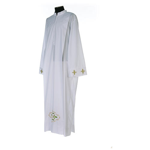 White alb 100% polyester with stylized cross and zip on the front 5
