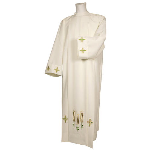 Ivory alb 100% polyester with ears of wheat decoration and zip on the front 1