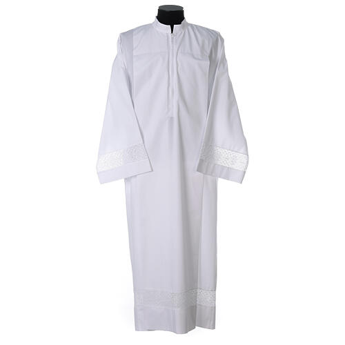 Priest alb with front zipper 65% polyester 35% cotton with decoration on the sleeve and lace and crochet partition 1