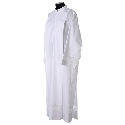 Priest alb with front zipper 65% polyester 35% cotton with decoration on the sleeve and lace and crochet partition 5