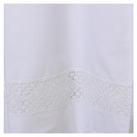 Albs: White alb 65% polyester 35% cotton with decoration on the sleeve and lace and crochet partition with zip on the shoulder