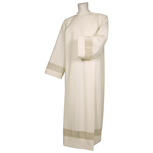 Clergy alb with front zipper in 100% polyester with decoration on the sleeve and lace and crochet partition, ivory color 1