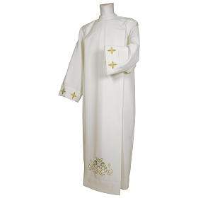 White alb 65% polyester 35% cotton with cross, flower decorations and zip on the front