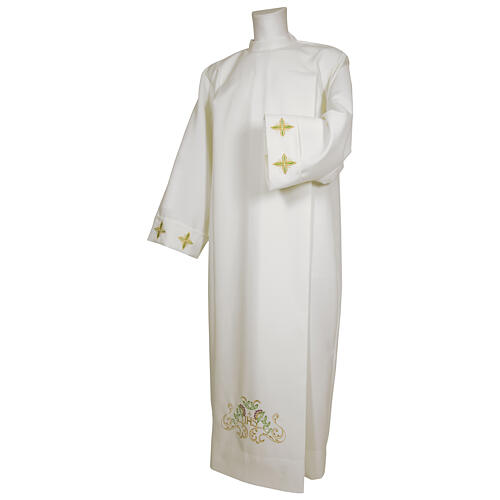 White alb 65% polyester 35% cotton with cross, flower decorations and zip on the front 1