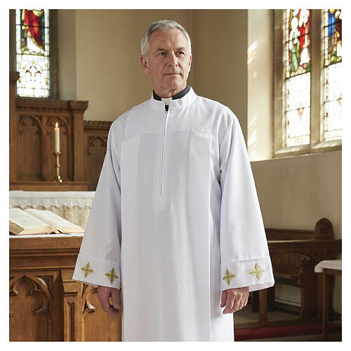 Camice bianco 65% poliestere 35% cotone croce decori floreali cerniera davanti 2