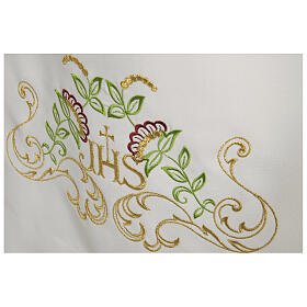 White alb 65% polyester 35% cotton with flower decorations and zip on shoulder