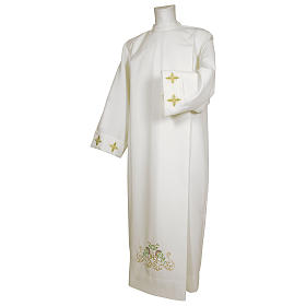 Albs: Deacon Alb with IHS and flower decorations 65% polyester 35% cotton and zip on shoulder Albs: Deacon Alb with IHS and flower decorations 65% polyester 35% cotton and zip on shoulder