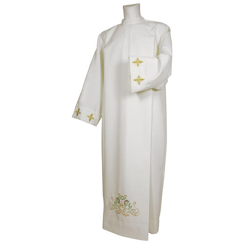Deacon Alb with IHS and flower decorations 65% polyester 35% cotton and zip on shoulder 1