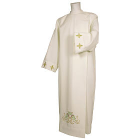 Ivory alb 100% polyester with cross, flower decorations and zip on the front