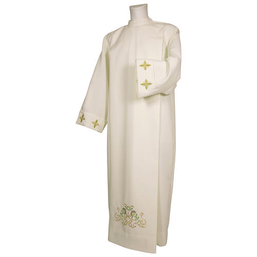 Ivory alb 100% polyester with cross, flower decorations and zip on the front 1