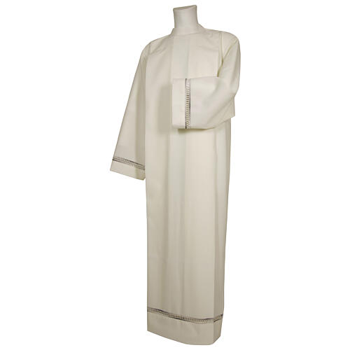 Priest Alb 55% polyester and 45% wool with handmade peahole stitch and zip on the front in ivory color 1