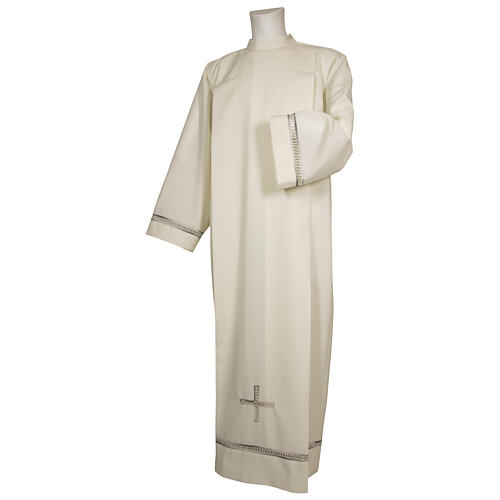 Priest Alb 55% polyester 45% wool with handmade peahole stitch and zip on the front, in ivory color 1