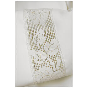 White alb 65% polyester 35% cotton with golden lace and crochet partition and zip on the front