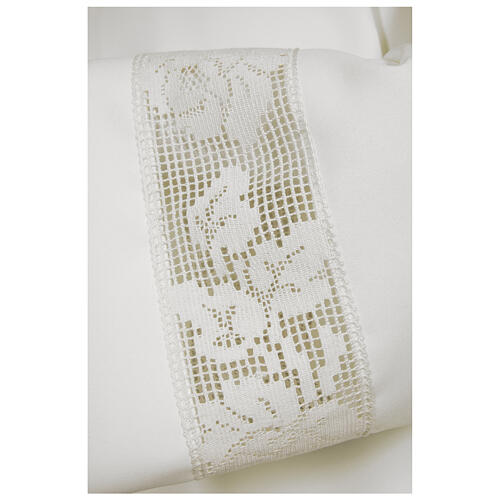 White alb 65% polyester 35% cotton with golden lace and crochet partition and zip on the front 2