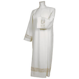 Catholic Alb with golden lace and crochet partition and zip on the front, 65% polyester 35% cotton