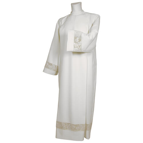 Catholic Alb with golden lace and crochet partition and zip on the front, 65% polyester 35% cotton 1
