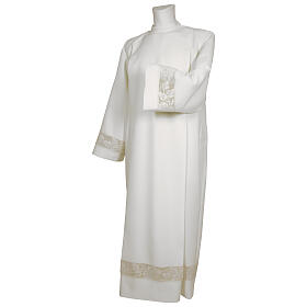 Clerical alb with zipper on the shoulder 65% polyester 35% cotton with golden lace and crochet partition
