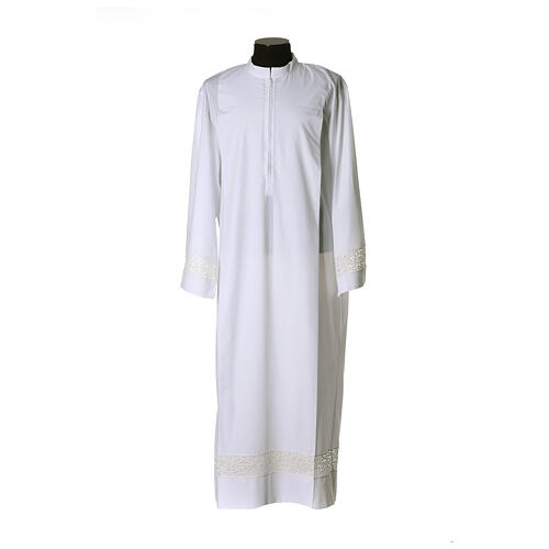 Monastic alb with golden lace partition and front zipper, 65% polyester and 35% cotton 1