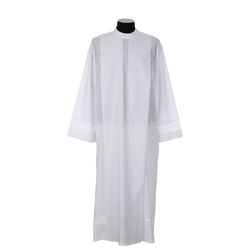 Clergy Alb with shoulder zipper with golden lace and crochet partition 65% polyester 35% cotton 1