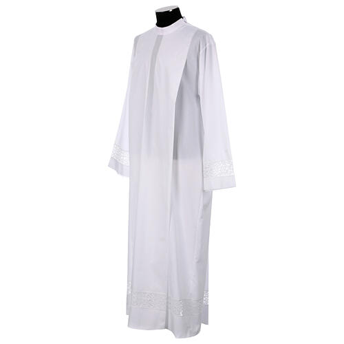 Clergy Alb with shoulder zipper with golden lace and crochet partition 65% polyester 35% cotton 4