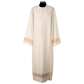 Roman Alb in ivory with golden lace partition 100% polyester and shoulder zipper