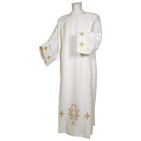 Albs: White alb 65% polyester 35% cotton with crosses on sleeve and ears of wheat image with zip on the front