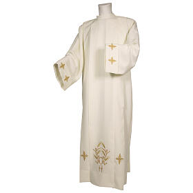 Ivory alb 100% polyester with crosses on sleeve, ears of wheat and zip on the front