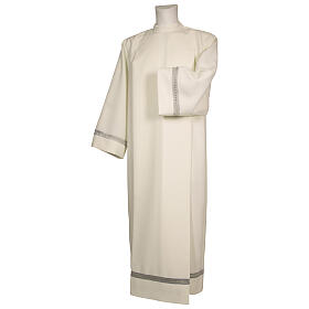Clerical Alb 65% polyester 35% cotton with silver gigliuccio hemstitch and front zipper, ivory