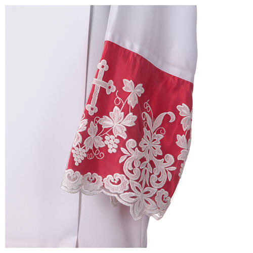 White alb with red satin border and lace, lateral pleats 3