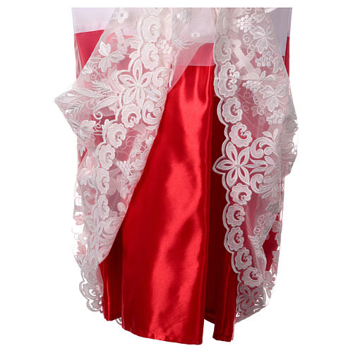White alb with red satin border and lace, lateral pleats 10
