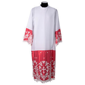 White alb with red satin, cross lace and folds