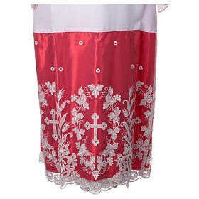 White alb with red satin, cross lace and folds