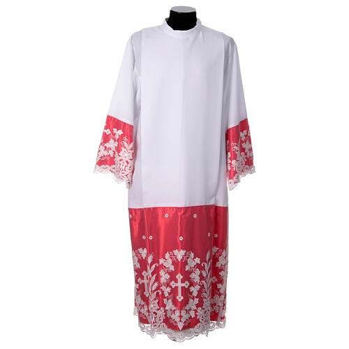 White alb with red satin, cross lace and folds 1