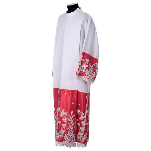 White alb with red satin, cross lace and folds 4