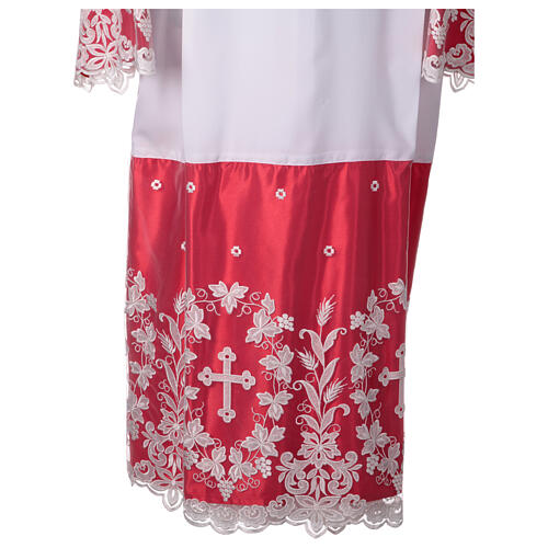 White alb with red satin, cross lace and folds 6