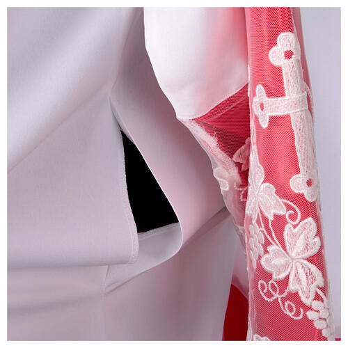 White alb with red satin, cross lace and folds 7