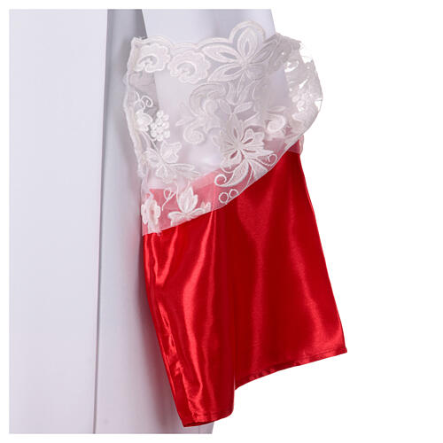 White alb with red satin, cross lace and folds 9